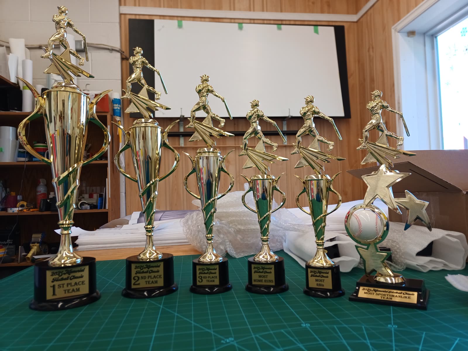 Engraved trophies for the Memorial Fastball Classic